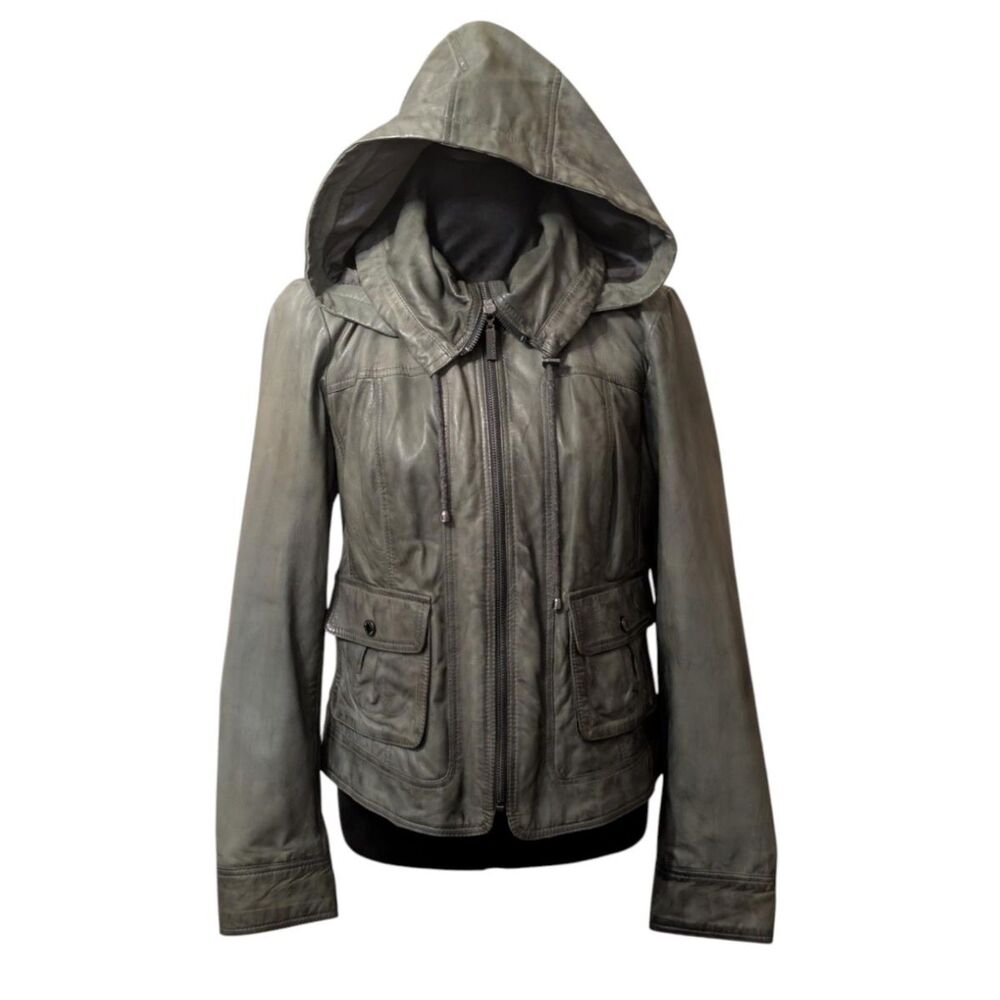 Bernardo Genuine Leather Hooded Jacket Washed Grey-Green Medium Moto Utility